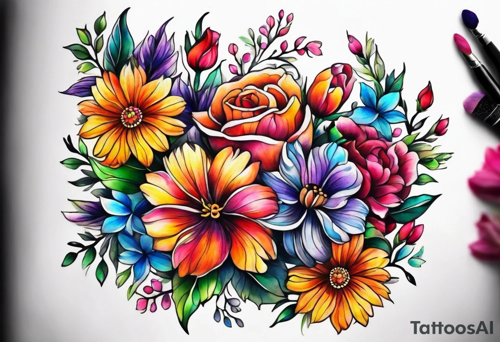 Collarbone tattoo of bright colorful flowers tattoo idea
