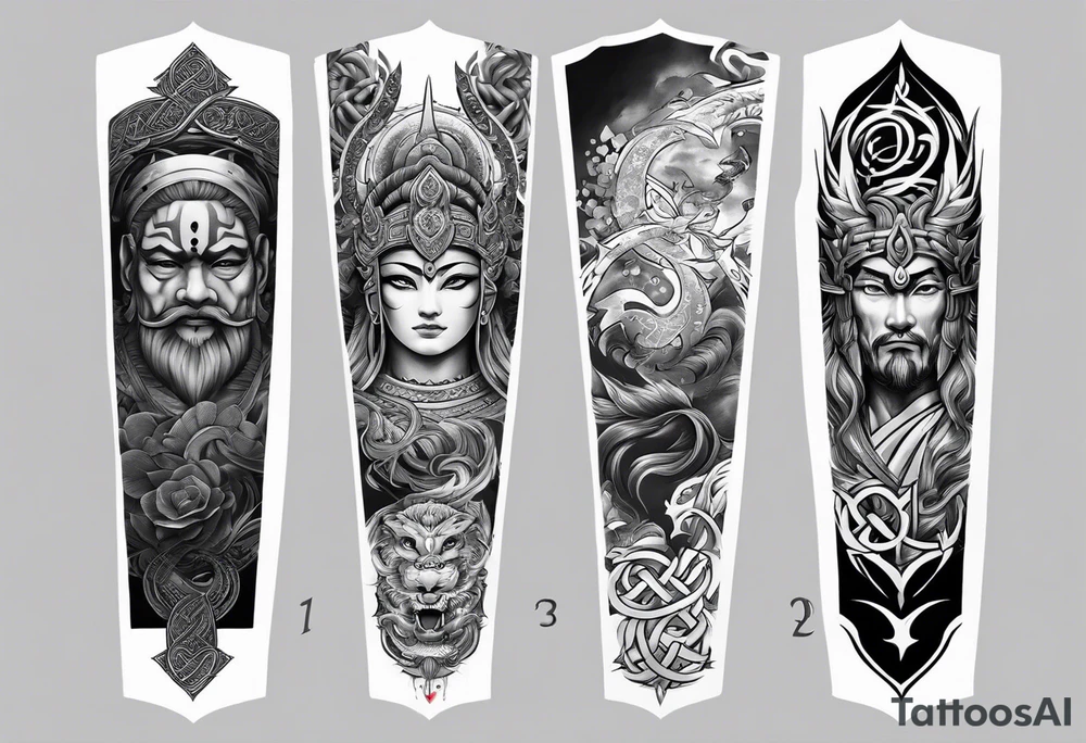arm sleeve tattoo split into 3 different areas down the arm. the first area being Based on japanese Mythology. The 2nd one being based on Hindu mythology. and the 3rd one being based on celtic mythology tattoo idea