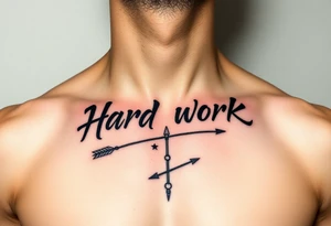 chest tattoo with japanese writing of hard work combined with bow and arrow tattoo idea