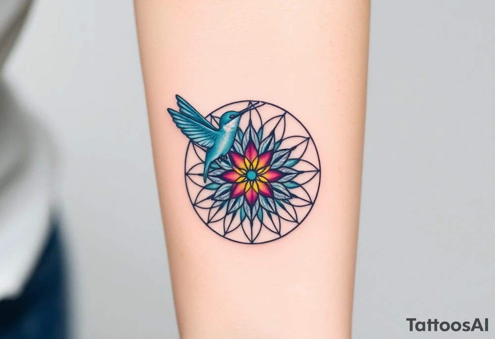 A hummingbird hovering near a Flower of Life centered in round cyrcle, representing harmony and the energy of life. tattoo idea