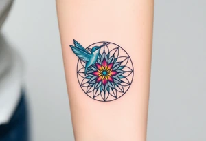 A hummingbird hovering near a Flower of Life centered in round cyrcle, representing harmony and the energy of life. tattoo idea