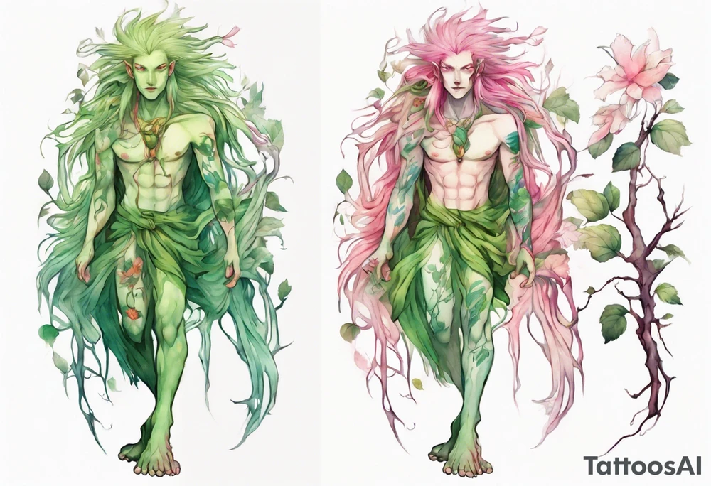 a slender and beautiful male dryad with green skin and long pink hair and roots instead of feet tattoo idea