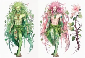 a slender and beautiful male dryad with green skin and long pink hair and roots instead of feet tattoo idea