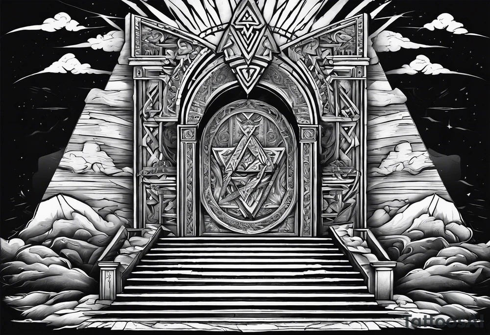 Valhalla stairs 
Valhalla stairs sword shield  axe 
Valknut  ruins lightnings tattoo idea