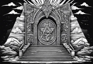 Valhalla stairs 
Valhalla stairs sword shield  axe 
Valknut  ruins lightnings tattoo idea