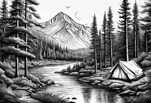 Pine forest with a tent and a buck deer and a river tattoo idea