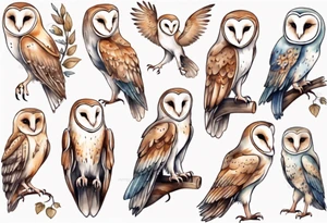 a barn owl with long legs, wearing pants and wooden shoes tattoo idea