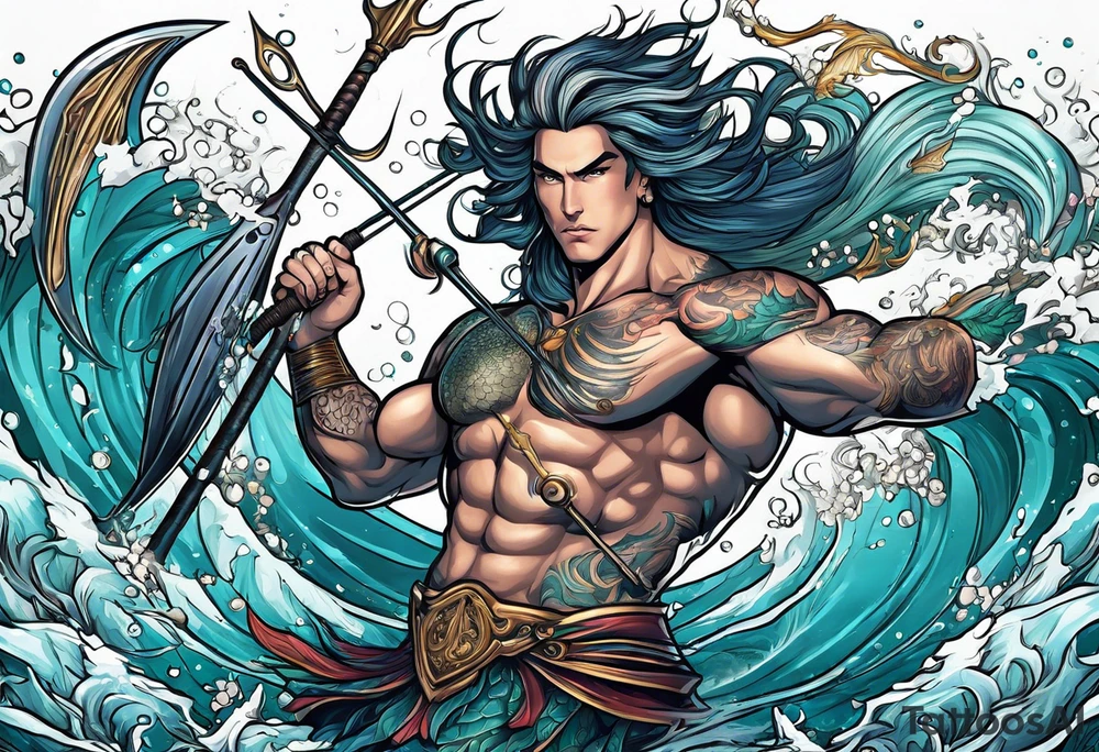 muscular
god 
posideon fighting a sport fish with a trident surrounded by mermaids tattoo idea