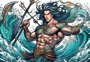 muscular
god 
posideon fighting a sport fish with a trident surrounded by mermaids tattoo idea