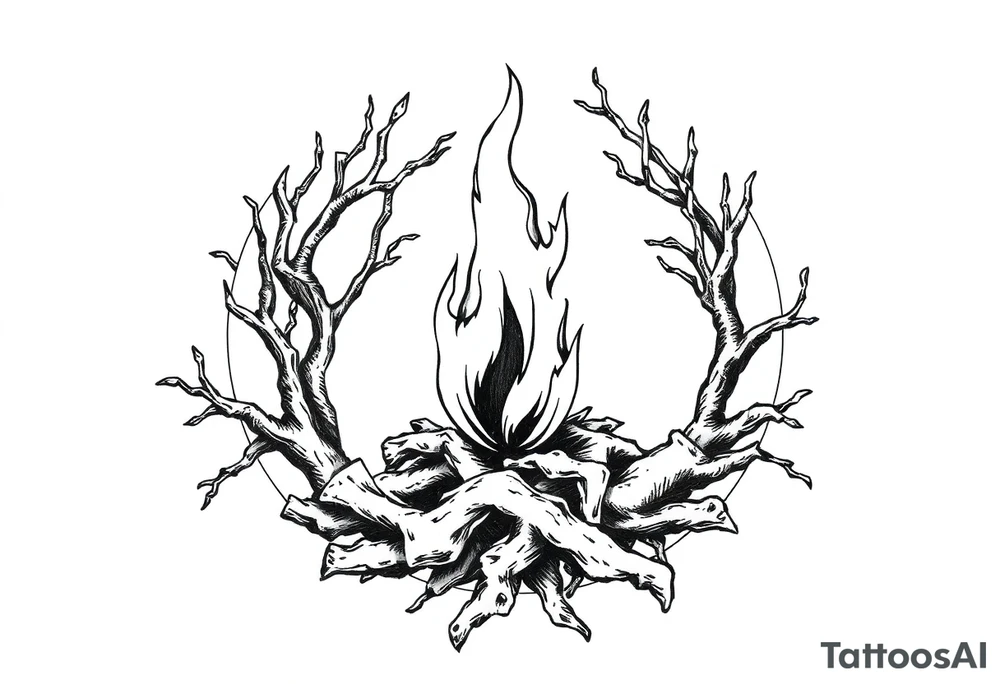 a flame imprisoned in a roots circle tattoo idea