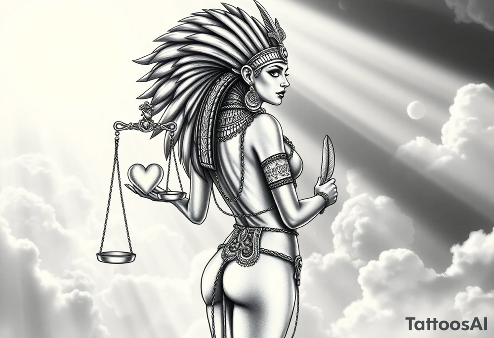 A sensual, curvaceous Egyptian goddess stands with her back slightly turned, accentuating her figure. She wears an elaborate ostrich feather headdress and ornate, intricate ancient Egyptian jewelry draped across her body. Her expression is mysterious and confident. In one hand, she holds the Scales of Justice: one side holds a radiant, glowing heart; the other, Ma’at’s feather. The scales themselves shimmer with an otherworldly light.
The background is a surreal, heavenly landscape filled with luminous clouds and beams of divine light piercing through, creating dramatic contrasts of deep shadows and highlights. The entire scene is bathed in an ethereal, mystical glow, with a dreamlike, almost supernatural atmosphere. tattoo idea