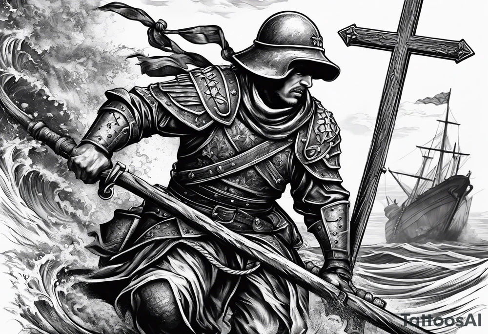 Soldier dragging an anchor and carrying a cross tattoo idea
