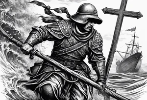 Soldier dragging an anchor and carrying a cross tattoo idea