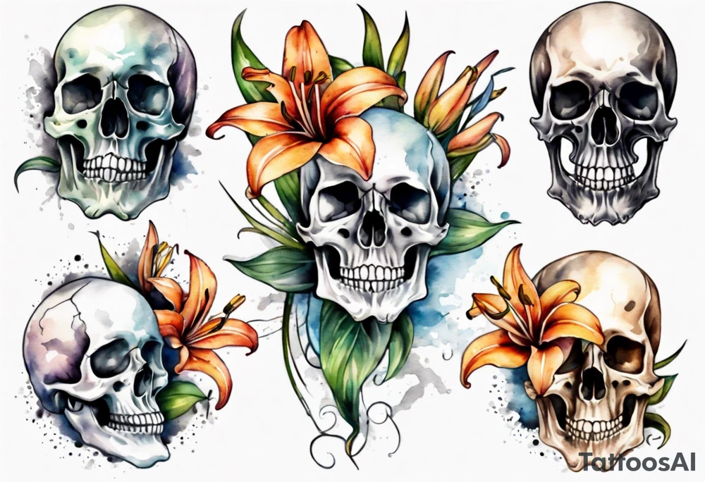 Skull and lilies tattoo idea