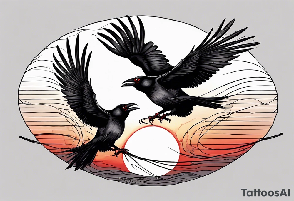 Two black crows flying into the sunset as they carry one long red string between them. tattoo idea Two black crows flying into the sunset as they carry one long red string between them. tattoo idea