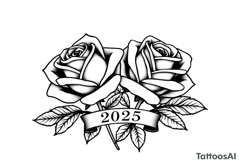 two beautiful large rose buds, one larger than the other, with many leaves next to the rose buds, with one sitting slightly higher than the other, side-by-side.  Include a banner connecting the two roses with the year 2025 on it.   Use dark outlines with little shading. No stems tattoo idea
