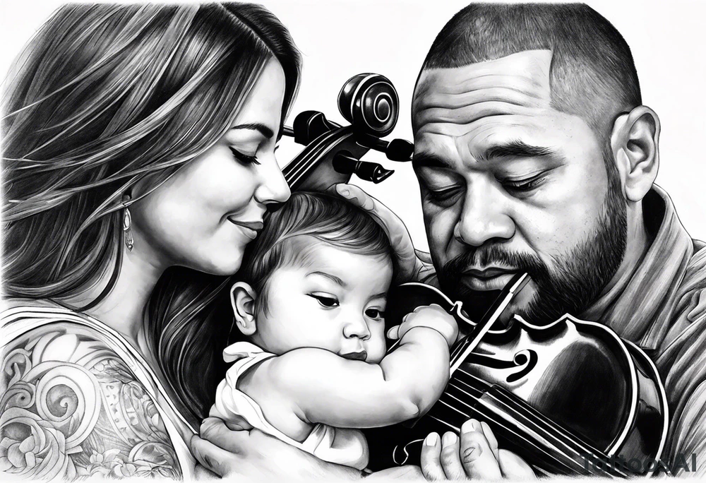 Si hay ángeles si hay violines, si hay estrellas baby ahi estaré. Tattoo of father holding his daughter. (RIP) Daddy loved music tattoo idea