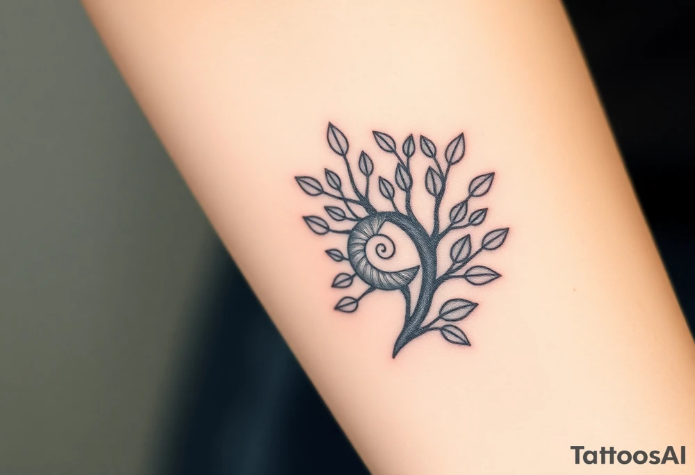 Fibonacci spiral shell inside of tree with leaves tattoo idea