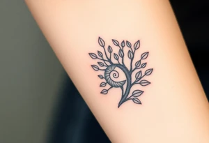 Fibonacci spiral shell inside of tree with leaves tattoo idea