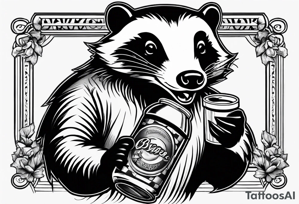 Angry badger with mouth open with soda can and chips in hands tattoo idea