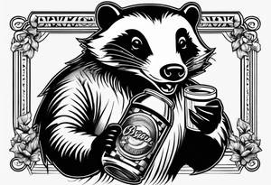 Angry badger with mouth open with soda can and chips in hands tattoo idea