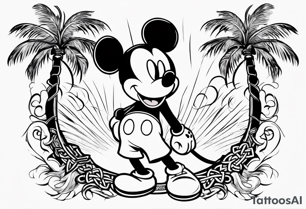 mickey mouse doing martial arts with palm trees, lightning storm and the celtic symbol for family tattoo idea