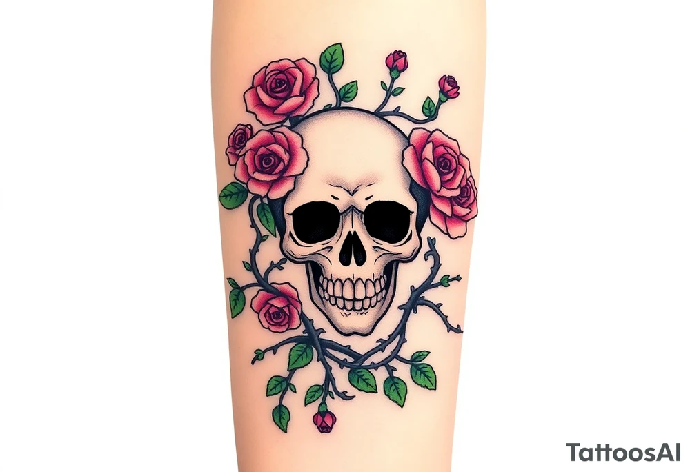 gothic skull intertwined with climbing roses and thorny vines tattoo idea