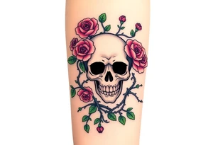 gothic skull intertwined with climbing roses and thorny vines tattoo idea