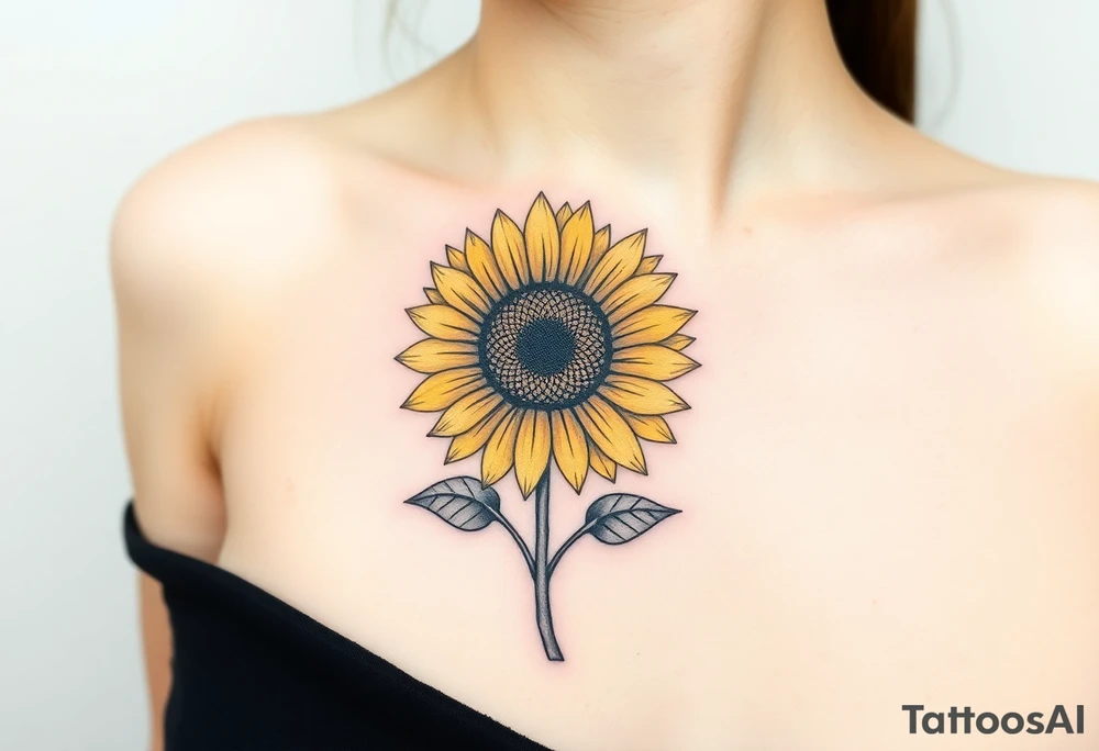 A minimalist sunflower tattoo that represents a shattered and betrayed gemini woman who fought hard throughout this year. With colors yellow and black. Make it unique and rare. Without leaves and stem. Simple but elegant. Cute and catchy tattoo idea