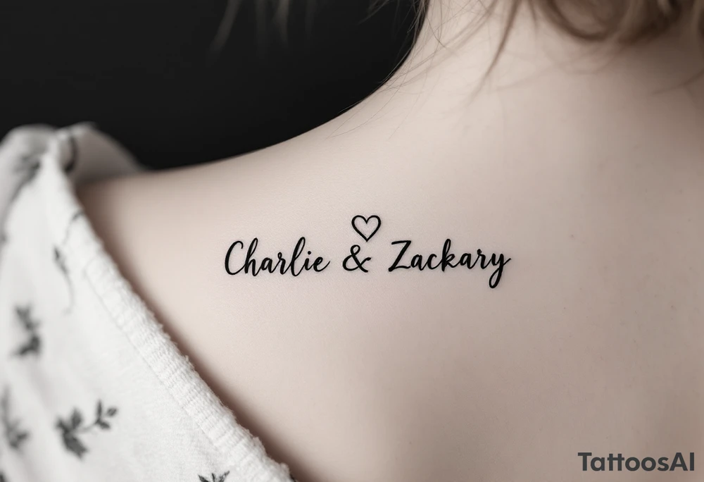 Create a small, elegant tattoo design that incorporates the names "Charlie" and "Zackary." Use delicate, cursive script for the names and interweave subtle elements such as a small heart, minimal floral accents, or an infinity symbol to symbolize enduring love and family. The overall design should be minimalist and refined, perfect for a discreet placement like the wrist or inner forearm. tattoo idea