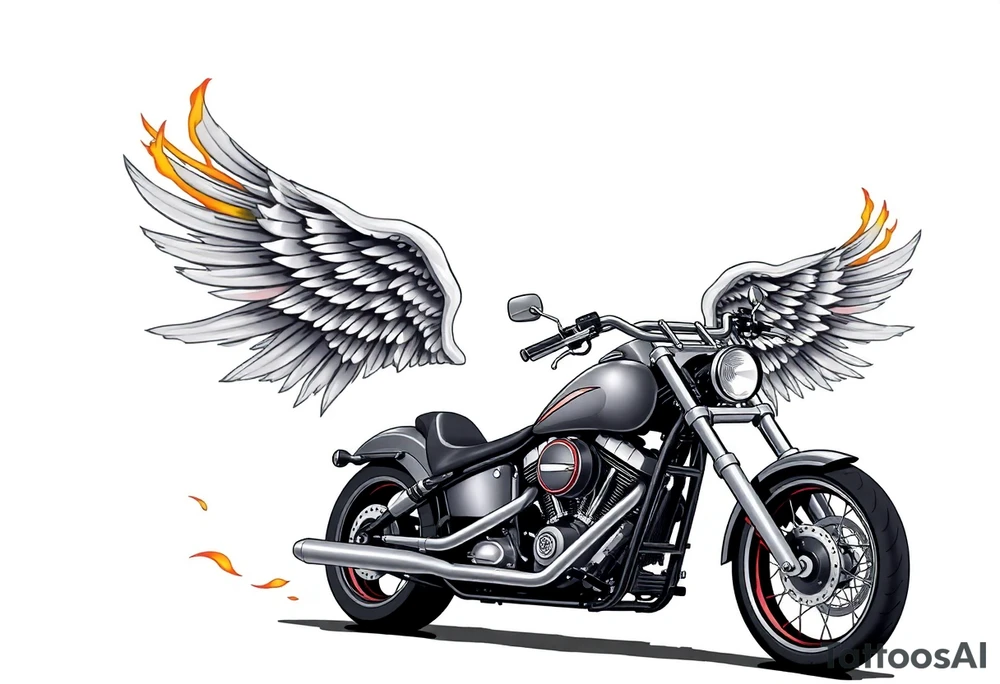Low rider grey motorcycle, big muffler pipes with flames, angel wings, driving away, no person tattoo idea