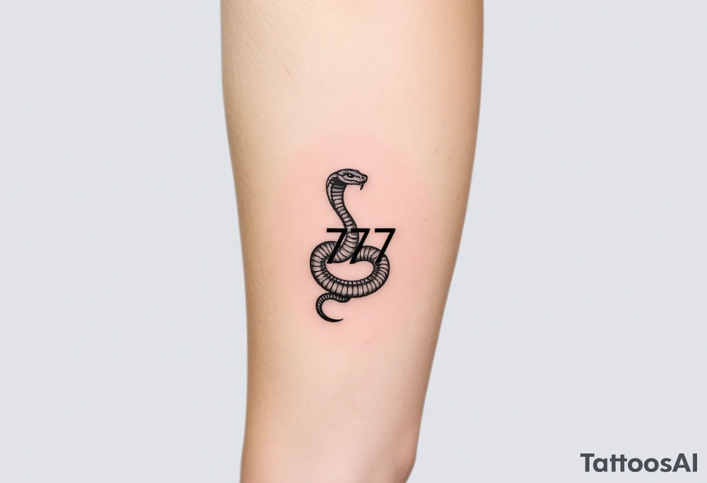 Minimalist black ink tattoo design of a small snake coiled around the number 777. tattoo idea