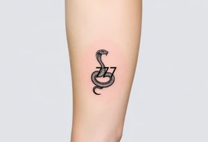 Minimalist black ink tattoo design of a small snake coiled around the number 777. tattoo idea