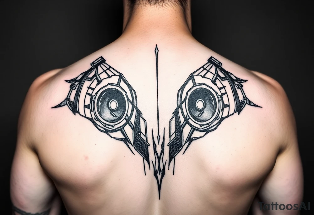 a back tattoo that looks like an exhaust vent, have it to where theres two exhausts on both back sides, try to make it look like a vertical scifi exhaust tattoo idea