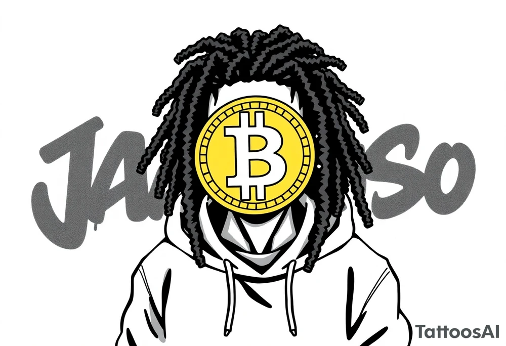 Create a tattoo stencil Use a street-art / pop-art vibe with a cartoon figure with dreadlocs holding a bitcoin to cover his eyes have bold lines, “x” for eyes. make them have on a hoodie and jogger sweatpants have in the background in graffiti letters “Jaruso”. Can you make this person a sneakerhead tattoo idea