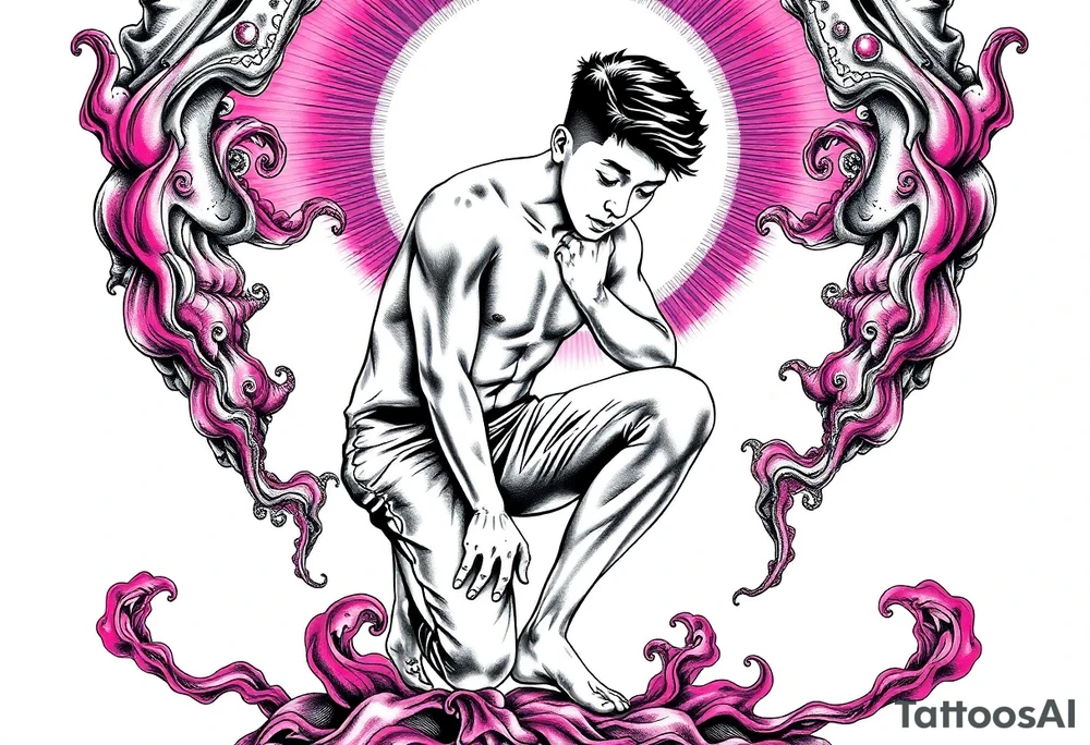 Handsome Asian young guy is standing on his knees and looking down tattoo idea