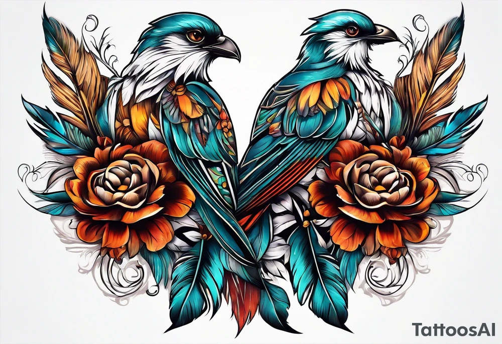 western pattern with flowers and feathers for hip tattoo idea