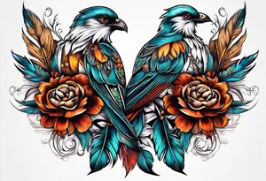 western pattern with flowers and feathers for hip tattoo idea