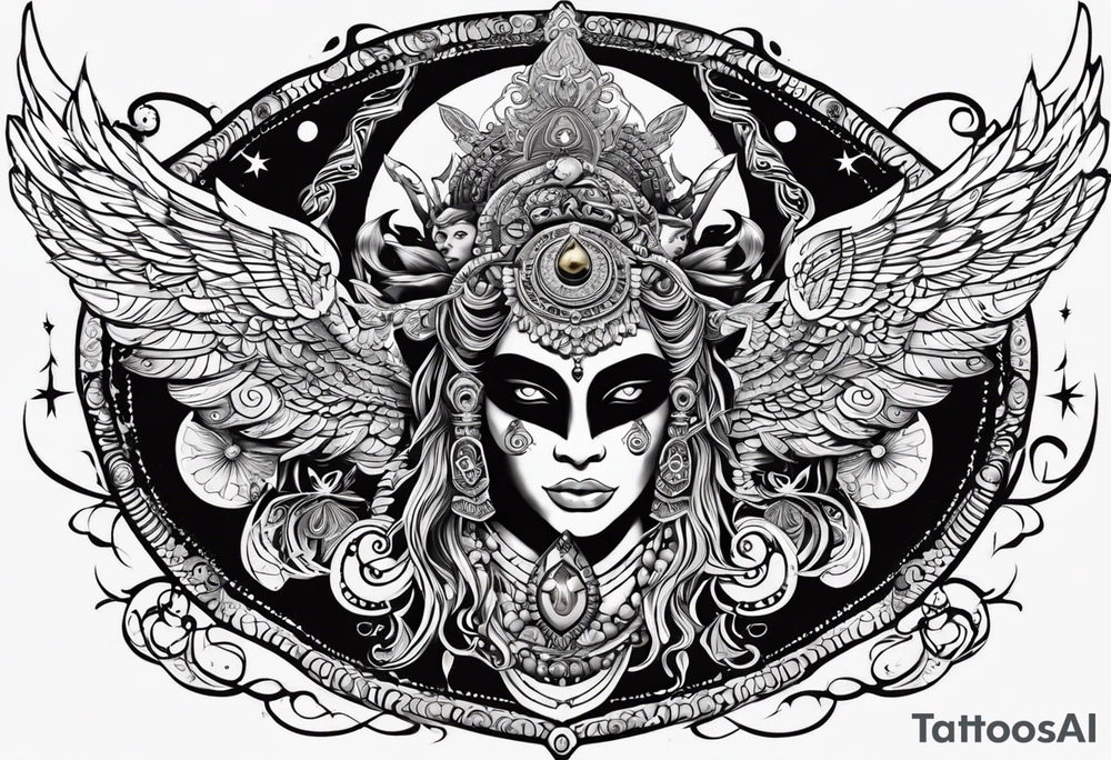 black kali, goddess pirate, alien, angel, pachamama, valkrye, warrior, flying, skull, lotus azul, wing, eagle, zenza resonance, stars, 5D, anahata chakra, death, durga, riding on a tiger, flying lady tattoo idea