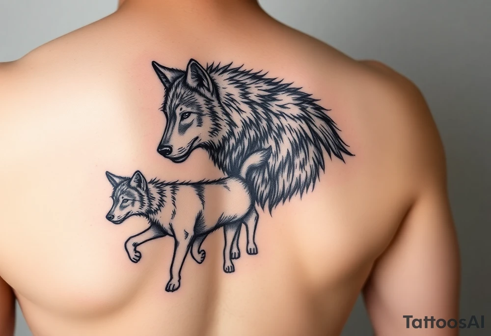 A solitary yet sublime and noble wolf and its progeny. tattoo idea