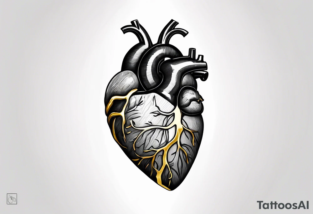 Realistic Anatomical heart with gold sealant lines tattoo idea