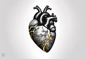 Realistic Anatomical heart with gold sealant lines tattoo idea