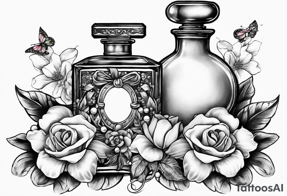 Pearl necklace wrapped around 1950s perfume bottle with flowers and bows surrounding tattoo idea
