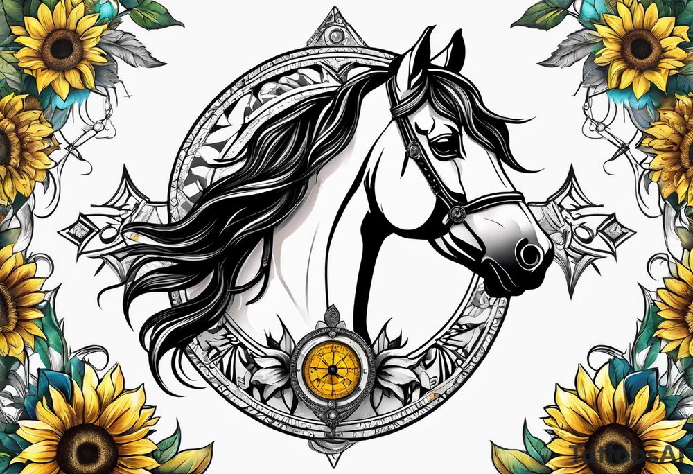 Horse, compass, sunflower tattoo idea