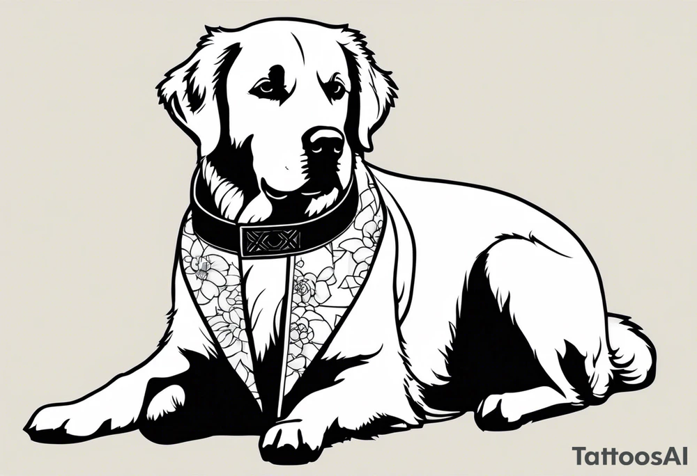 a golden retriever in a kimono full body view wearing a black karate belt tattoo idea