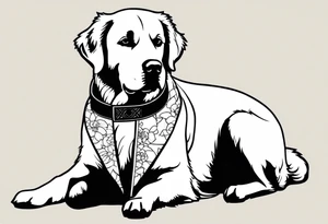 a golden retriever in a kimono full body view wearing a black karate belt tattoo idea