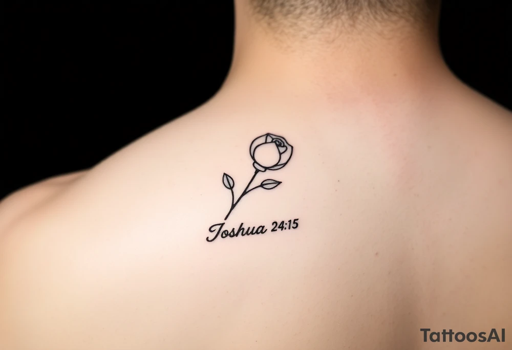 fine-line rose on my inner wrist, with the stem flowing down into the word Joshua 24:15 in tiny clean text underneath. Blessed added tattoo idea
