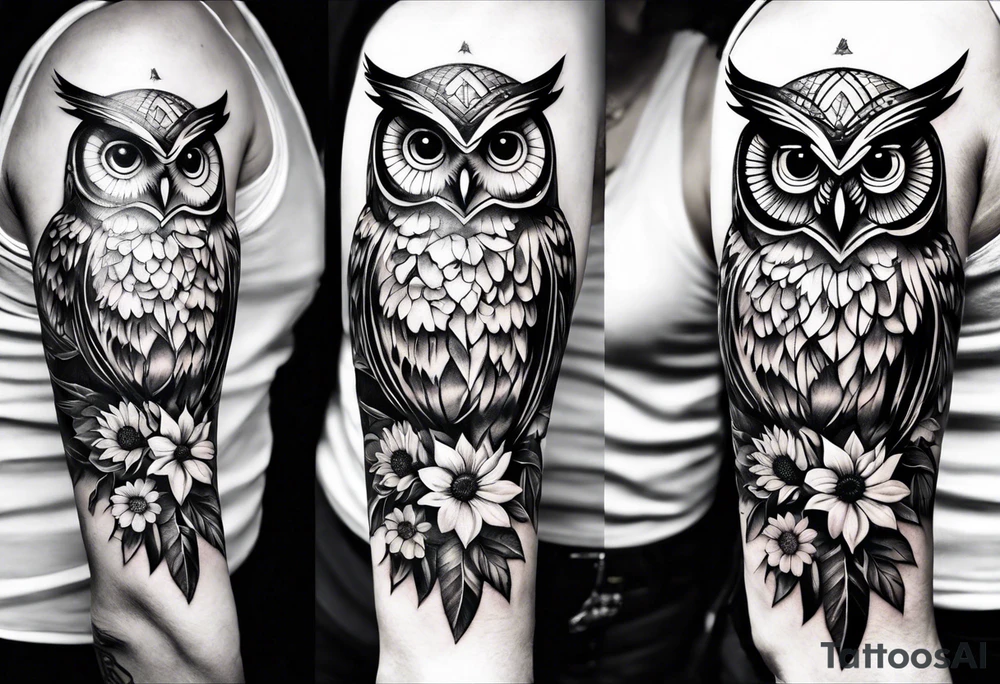Sleeve with an owl, sunflower and butterfly tattoo idea