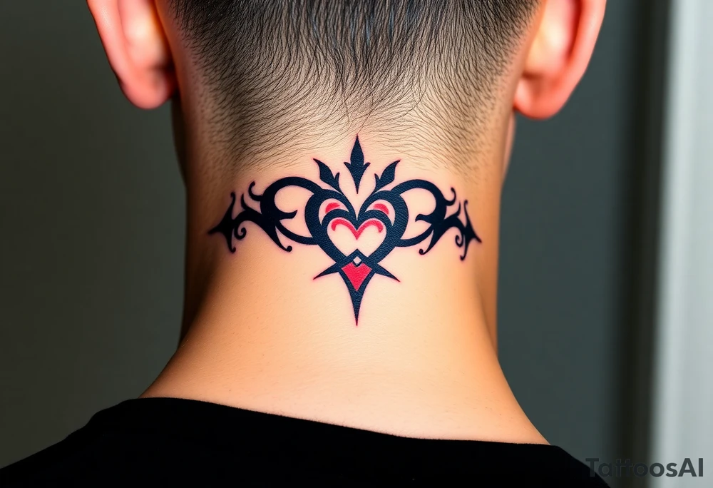A bold tribal-style infinity symbol with sharp geometric patterns and heart, in black ink with subtle red accents tattoo idea