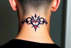 A bold tribal-style infinity symbol with sharp geometric patterns and heart, in black ink with subtle red accents tattoo idea